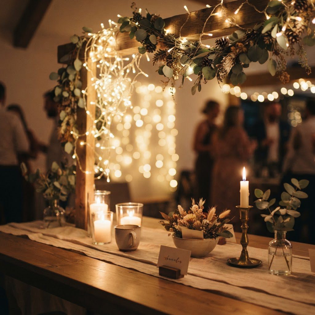 Warm string lights and candles creating cozy party ambiance