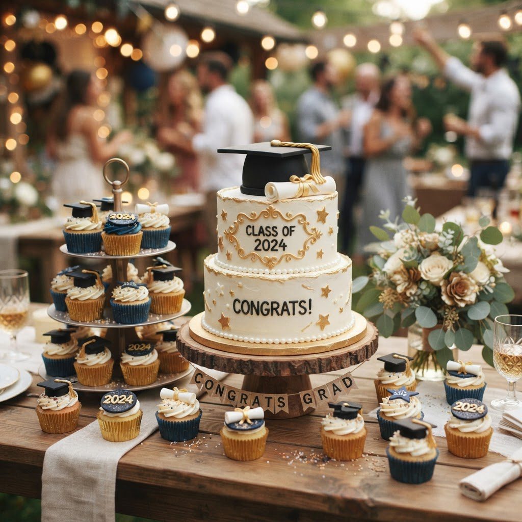 Custom graduation cake with cap and diploma decorations