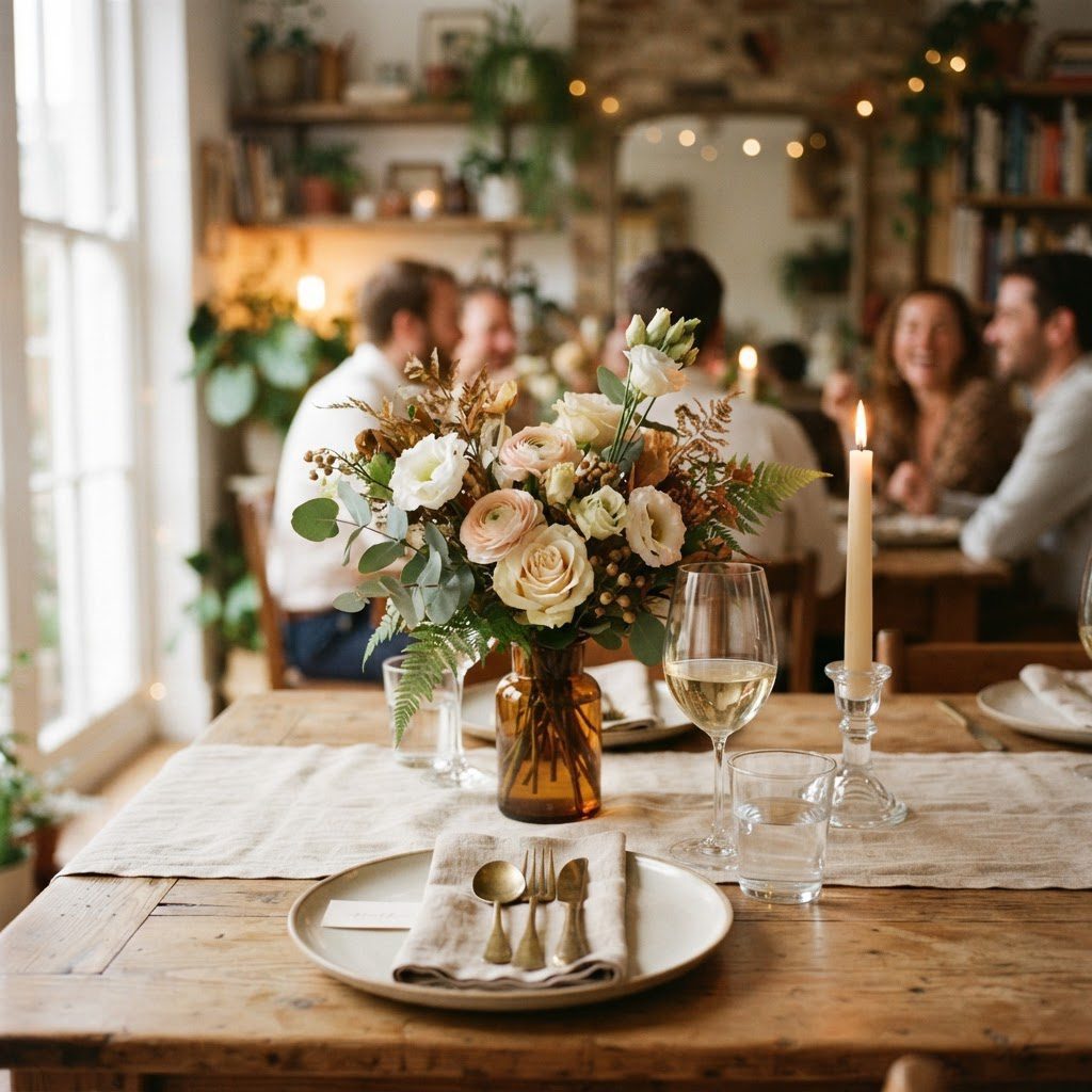 Small elegant table centerpiece with fresh flowers
